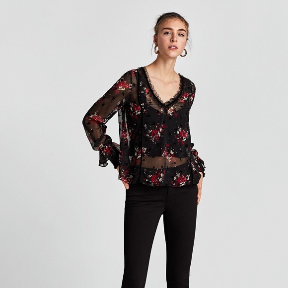 Zara SEMI-SHEER TOP WITH RUFFLE TRIMS - Picture 3 of 5